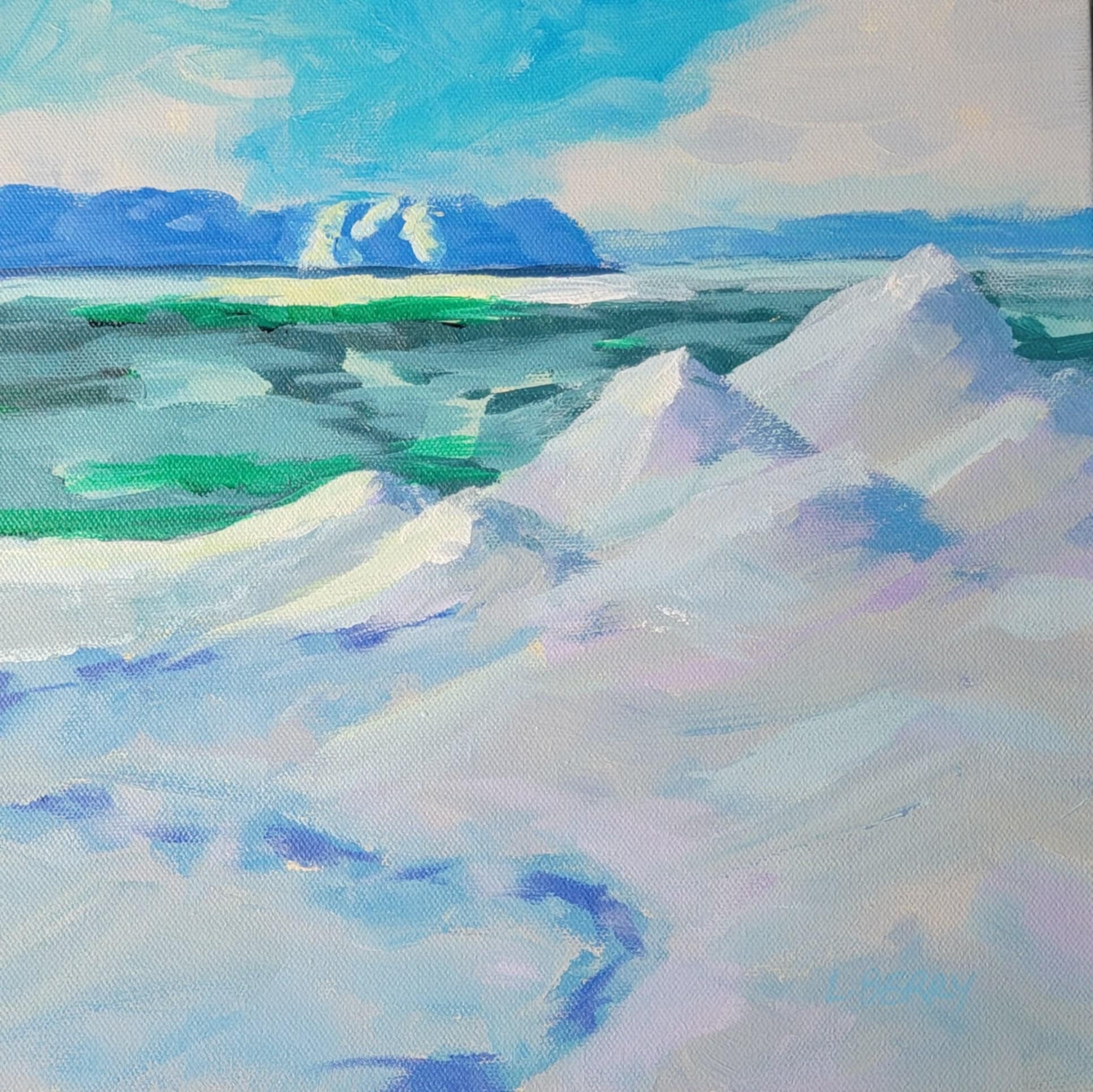 Acrylic landscape painting of ice dunes and open water at Wasaga Beach. Glowing against cold light, rhythm of waves and fragile sculpted snow.