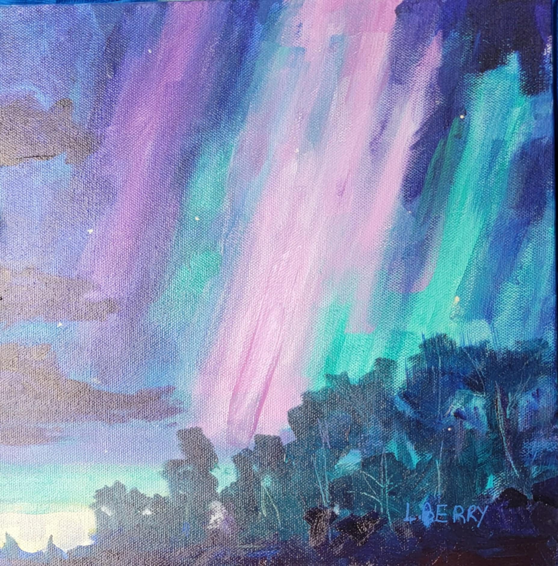 Small square acrylic landscape showing violet and pink aurora over Wasaga trees at first light painted in soft layered brushwork.